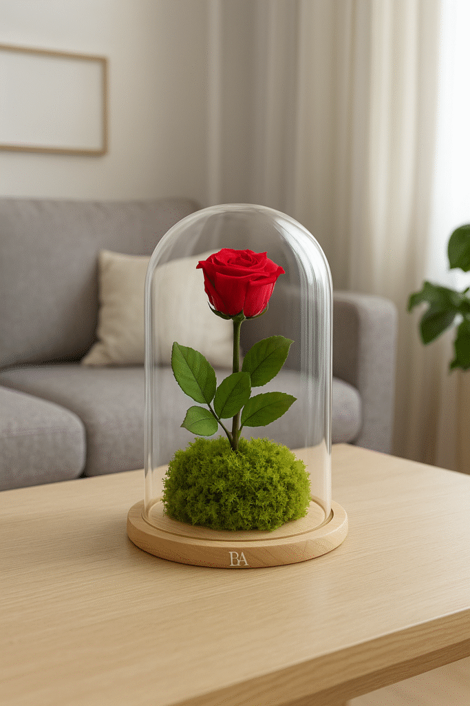 🌹 Rosa Eterna: Qué es, Cómo se Hace y Por Qué Es el Regalo Perfecto 1 Rosa Eterna en mesa de centro