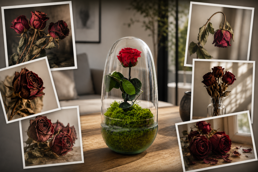 Rosas eternas vs. rosas naturales 1 Composicion rosa eterna y rosas marchitas